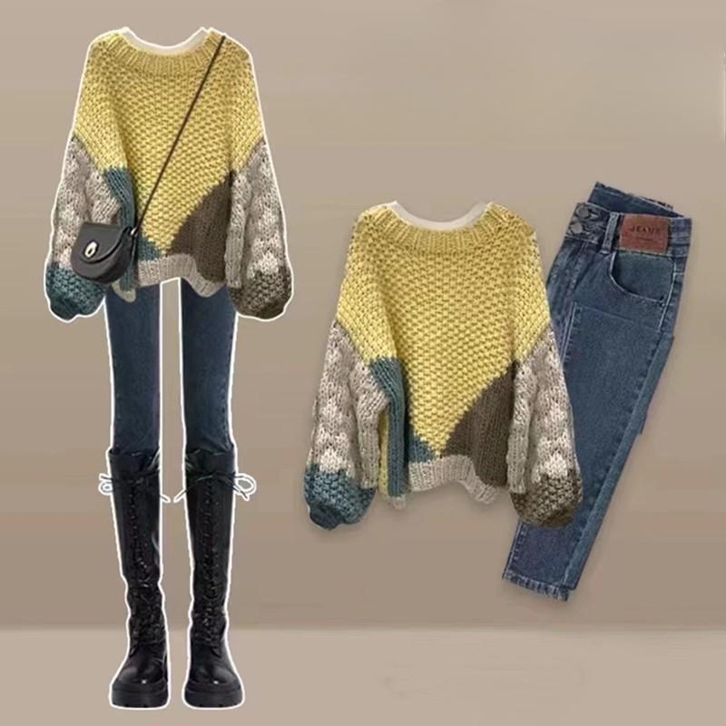 Осенне-зимний свободный свитер-пуловер женский ретро-подбор цветов увеличенный модный женский свитер с иглой