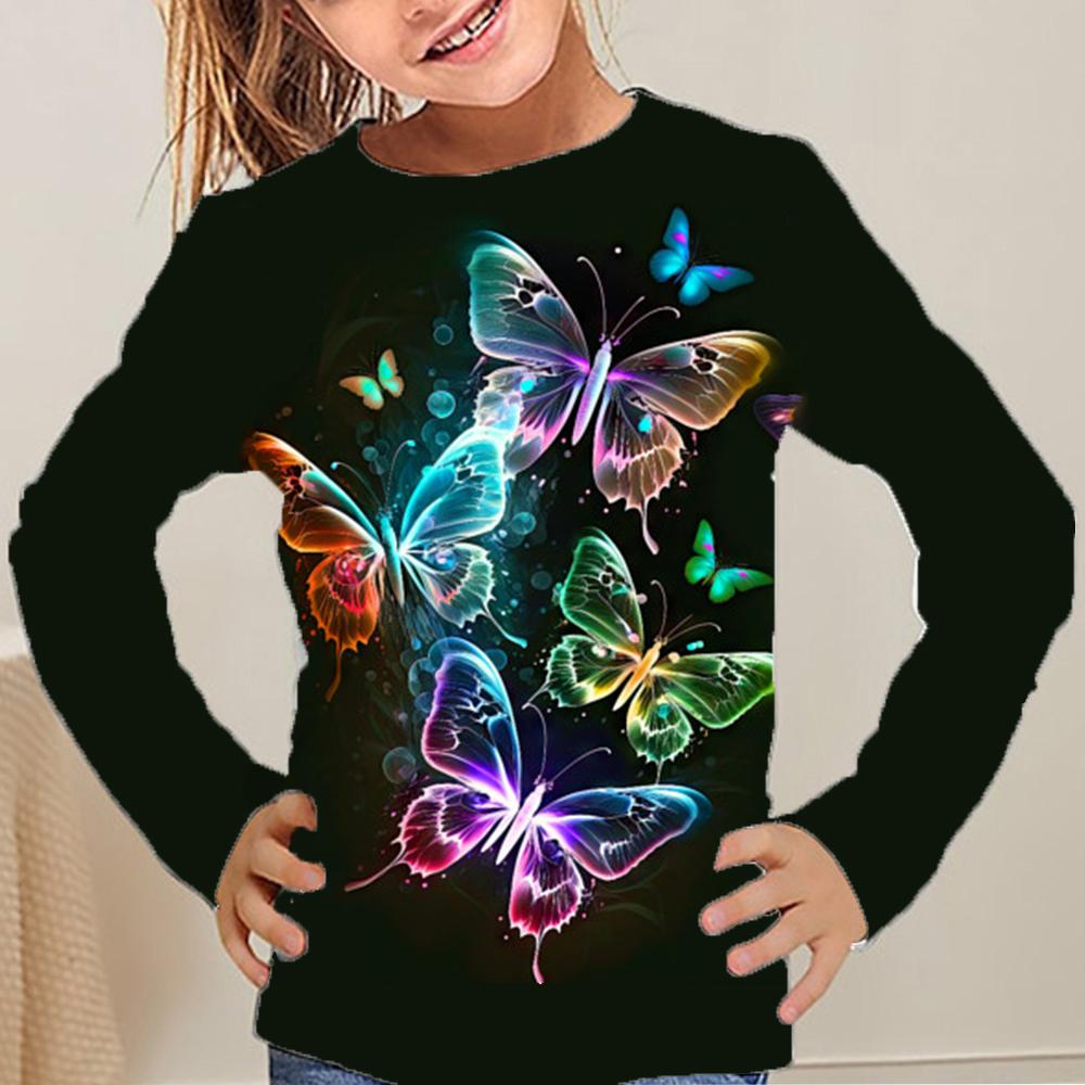 Spring and Autumn Round Neck Butterfly Pattern 3D Printed Top Fashionable Casual Long Sleeved Children's Girl T-shirts