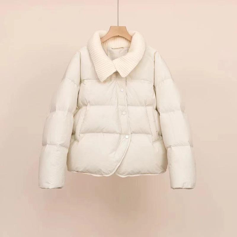 Короткий пуховик с трикотажным лацканом, женский, зима 2024, новый свободный повседневный утолщенный белый пуховик на утином пуху прилив
