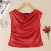 Women Casual Swing Collar Summer Short Sleeve Satin Blouse
