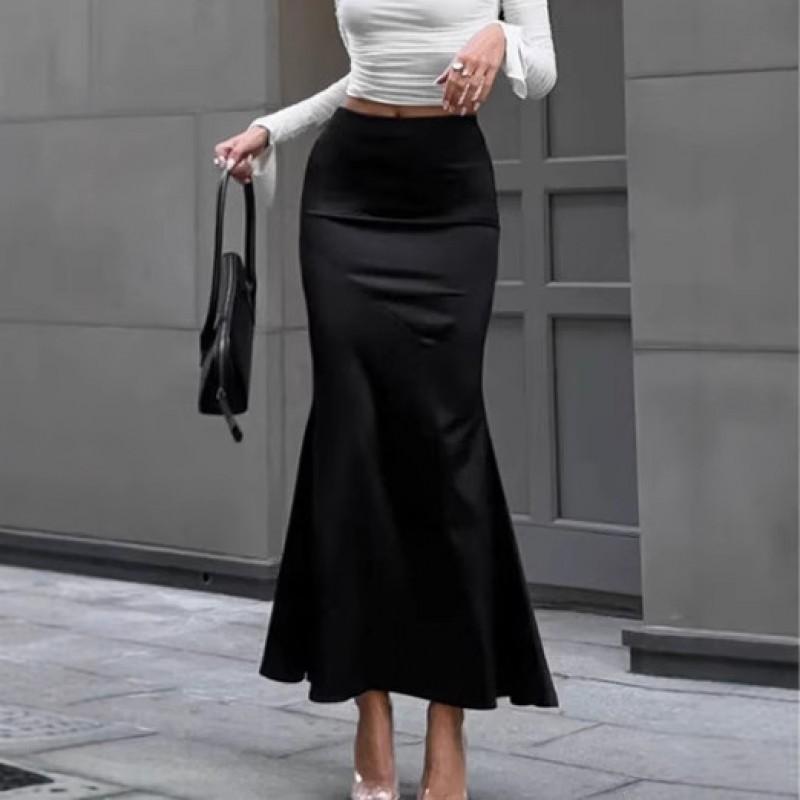 Womens Vintage Black Satin Mermaid Skirt High Waist Bodycon Long Commute