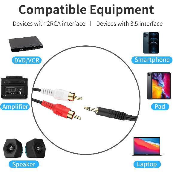 3.5mm to 2 Male RCA Cable - 6FT Stereo Audio Adapter Braided Hi-Fi Sound Auxiliary Y Splitter, Metal Shell Shielded Aux RCA Y Cord Compatible with