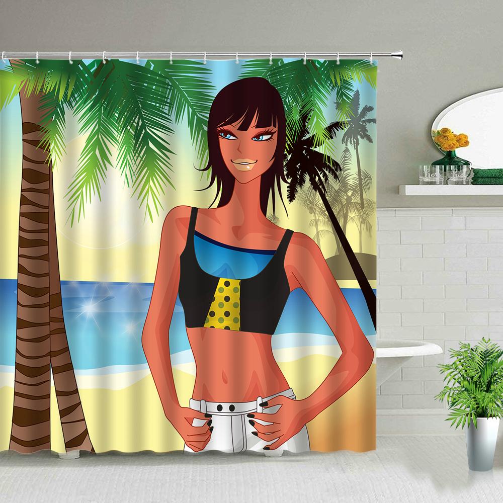 Солнечный свет Пляжная девушка Пальма Доска для серфинга Пейзаж Шторки для душа Сексуальная женщина 3D-принт Шикарная занавеска Декор для ванной комнаты С крючками