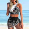 Женский купальник с бретелями, черно-белый купальник с коротким топом и бикини с принтом