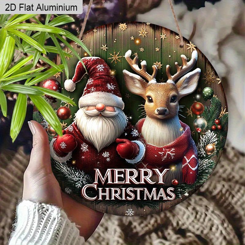 2D Flat Aluminium Christmas Sign with Santa Claus & Elk Pattern - Rustic Figurine Ornaments - Ideal for Front Door, Wall, Porch, Window Decor - Ideal