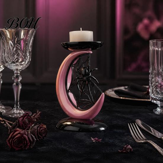 Cool Girly Room Decor Halloween Pink Moon Spider Candle Holder, Sweet Dark Aesthetic Tray for Unique Holiday Gift Pillar Candles, Gothic Resin