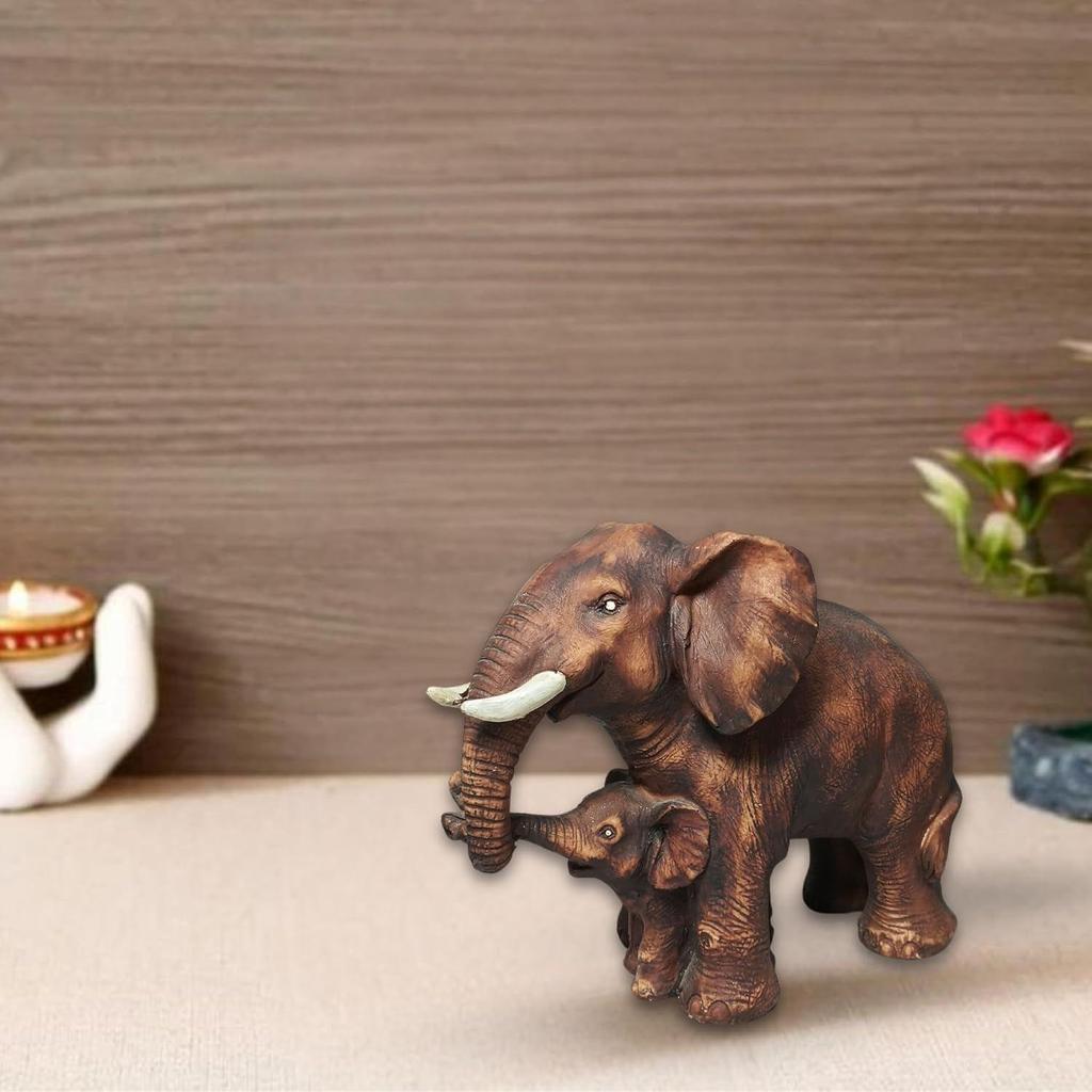 Brown Poly Resin 'Mother & Baby Elephant' 8 Inches - Set of 1 Showpiece Mother & Baby Elephant Figurine for Home Decor