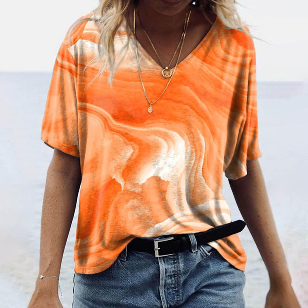 Marble Digital Printed Tie Dyed T-shirts Summer Women V Neck Short Sleeve Loose 3D T Shirt