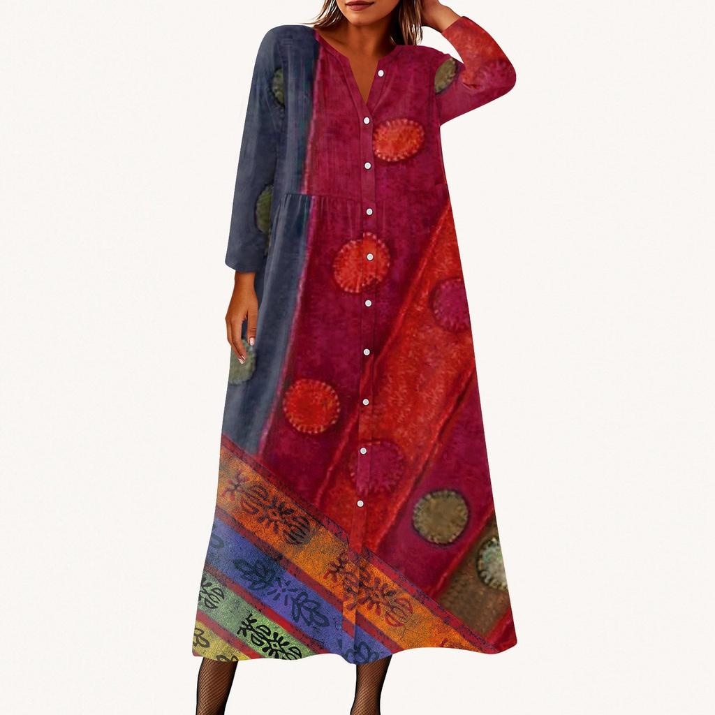 Женское модное платье-рубашка свободного кроя с принтом, круглым вырезом и рукавами семь четвертей на пуговицах