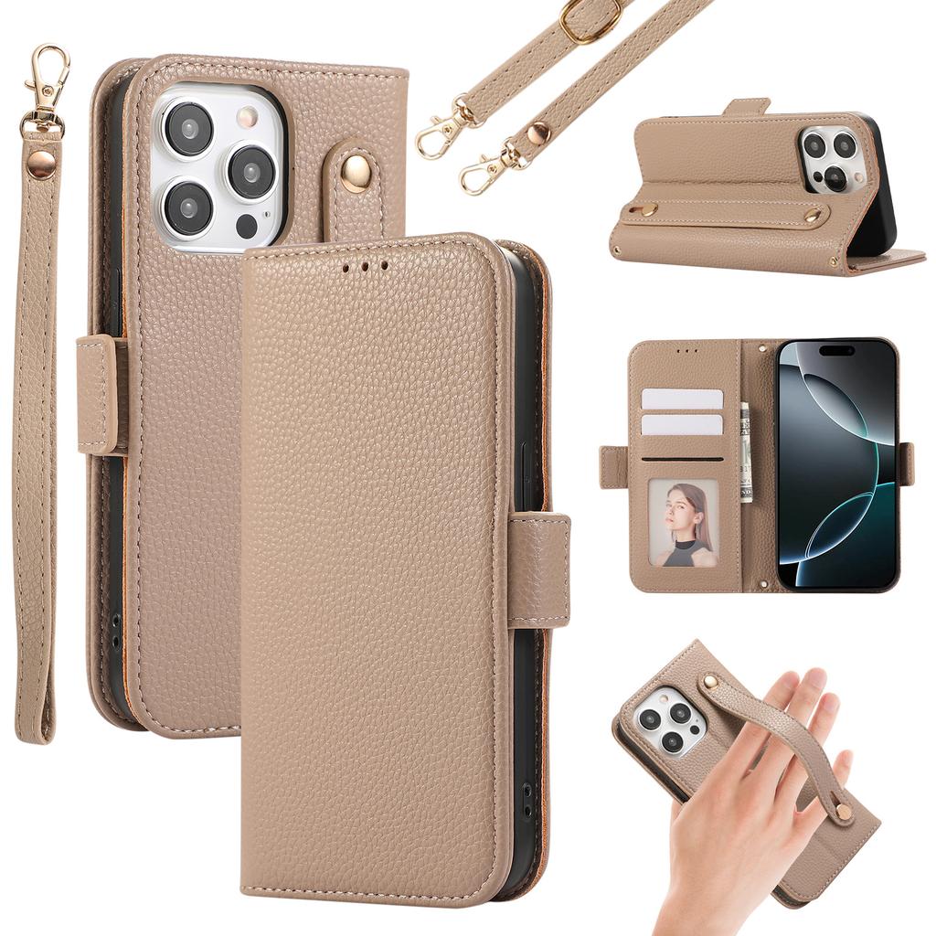 For iPhone 15 Pro Max Leather Case with Card Holder,Straps,Shockproof Wallet Phone Cover