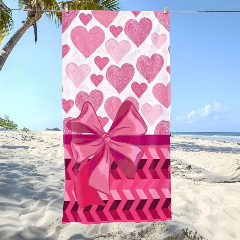 Sweet Pink Heart Bow Print Beach Towel Quick Dry Lightweight Absorbent Sandproof Towel for Summer Beach Swim Travel Camping