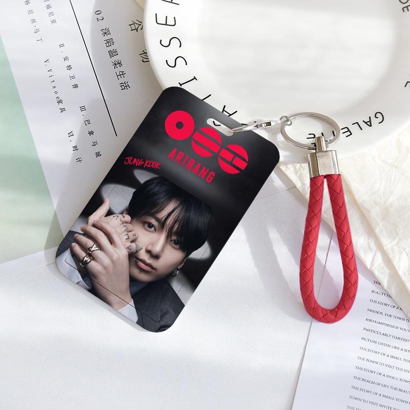 BTS Sliding Photocard Holder, Protective ID Badge Card Case with Braided Keychain Strap, Student Campus Bus Meal Card Protector Merch for ARMY
