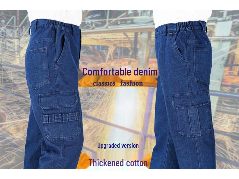 Men's Thickened Denim Multi-Pocket Welding Overalls - Durable, Loose-Fit, Pure Cotton Labor Protection Pants