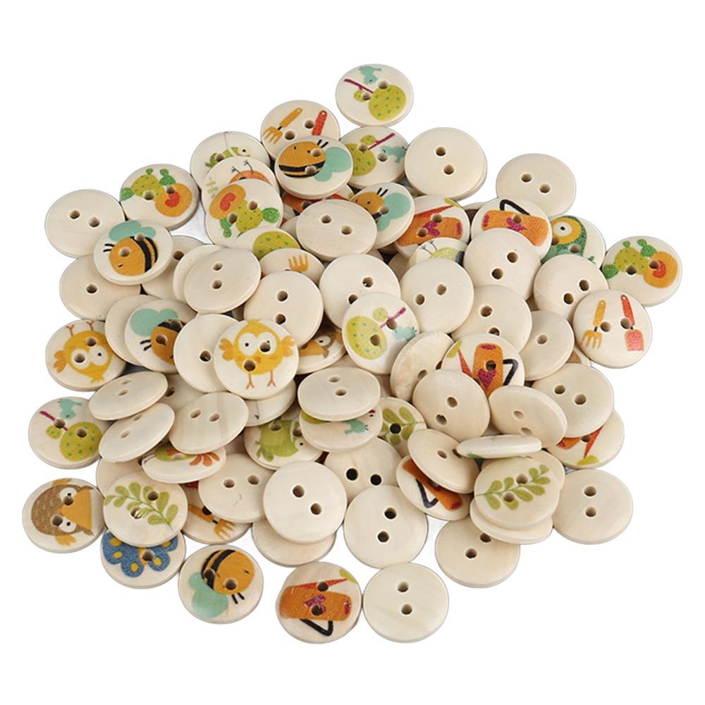 100pcs Mixed Color Decorative Wooden Buttons 2 Holes Mixed Printing Buttons DIY Projects