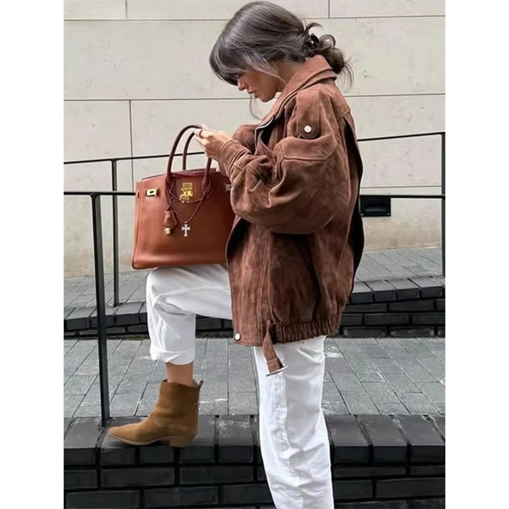 Женские замшевые куртки-пиджаки с поясом, свободные, с лацканами, с длинными рукавами, на молнии, весенние, женские, винтажные, верхняя одежда для улицы