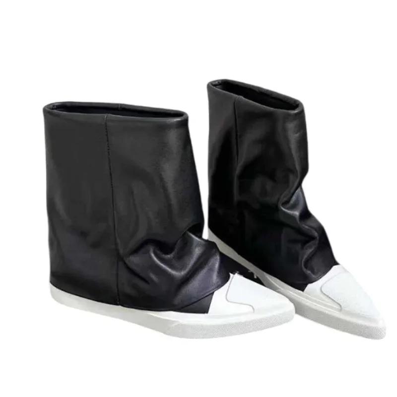 Women High Boots Flats Pointed Toe Leather Shoes 2024 Trend Winter Brand Ankle Boots Women Knee High Motorcycle Botas De Mujer