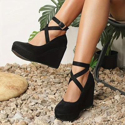 Женские туфли на танкетке из натуральной кожи — острый носок, толстая подошва, водонепроницаемая платформа, высокие каблуки в стиле ретро для деловой носки (Весна осень).