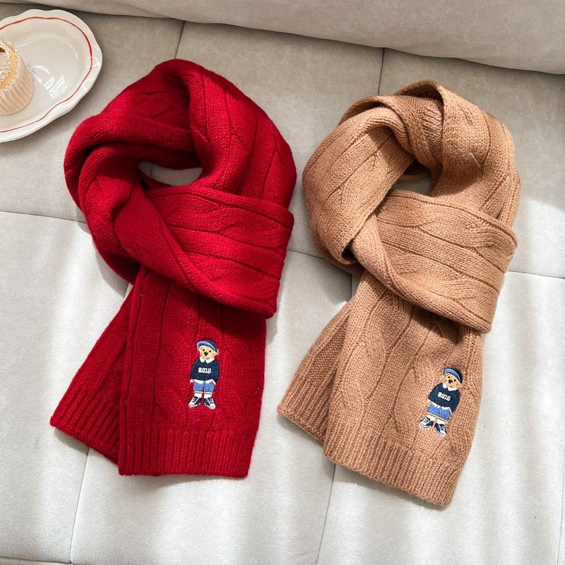 Winter Scarf Cable Knit Vintage Classic Neck Warmer Embroidery Bear Soft Warm Long Wrap Muffler Unisex Men Women Wool Scarf
