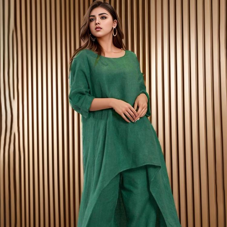 Женский летний офисный костюм, удобный свободный, круглый вырез, длинный рукав + длинные брюки, комплект из двух предметов