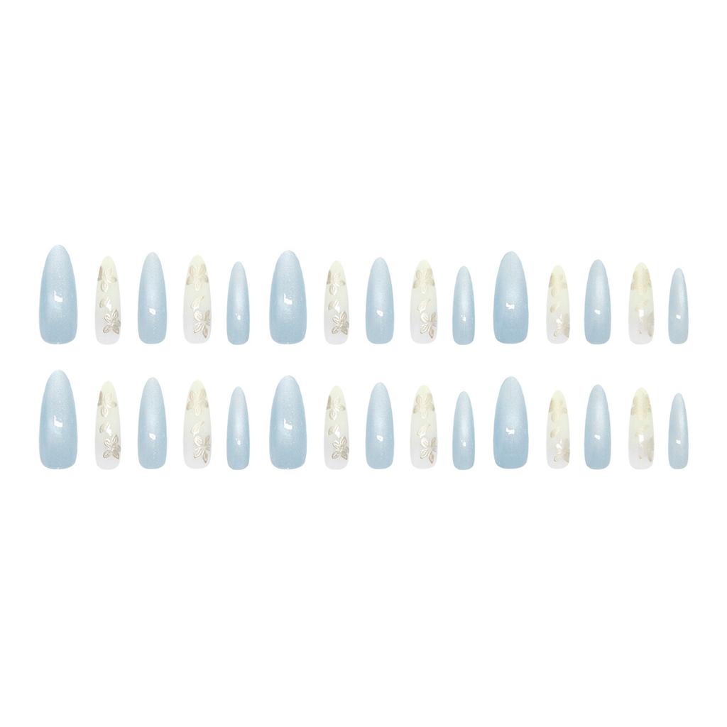 Fresh light blue cat's eye three-dimensional cold gilt flower fashion ins wind removable nail art pieces 30 pieces