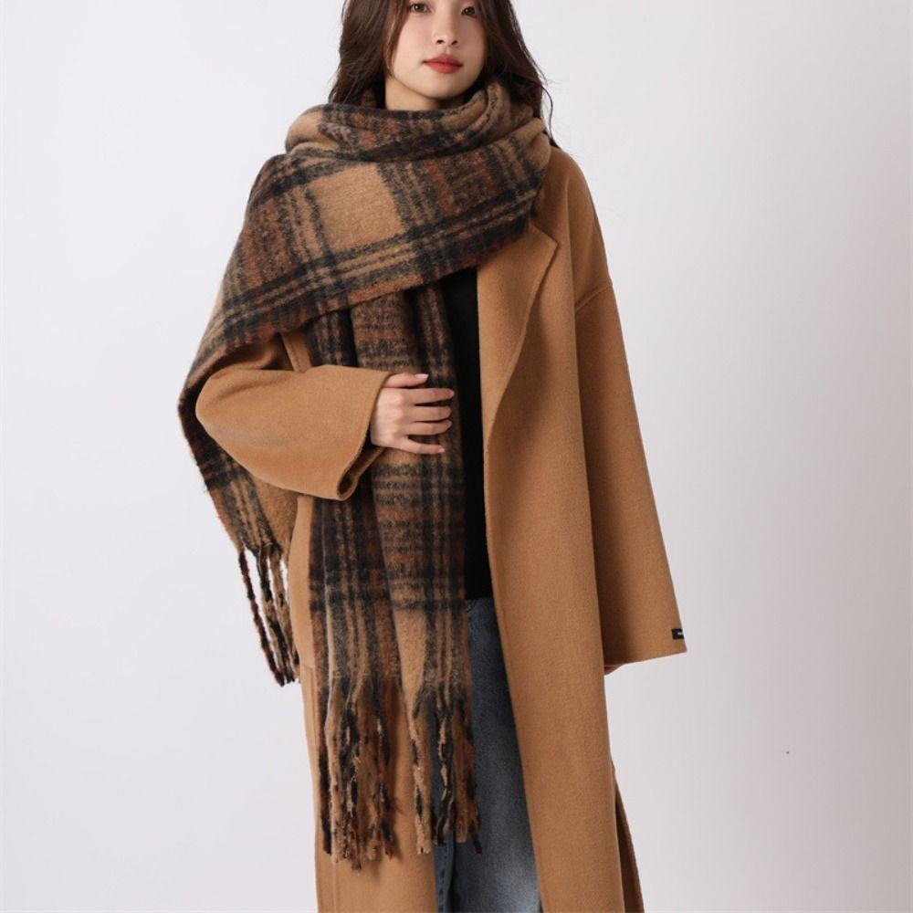 Plush Winter Cashmere Scarves Mohair Long Shawl Simple Plaid Wool Scarf Girl