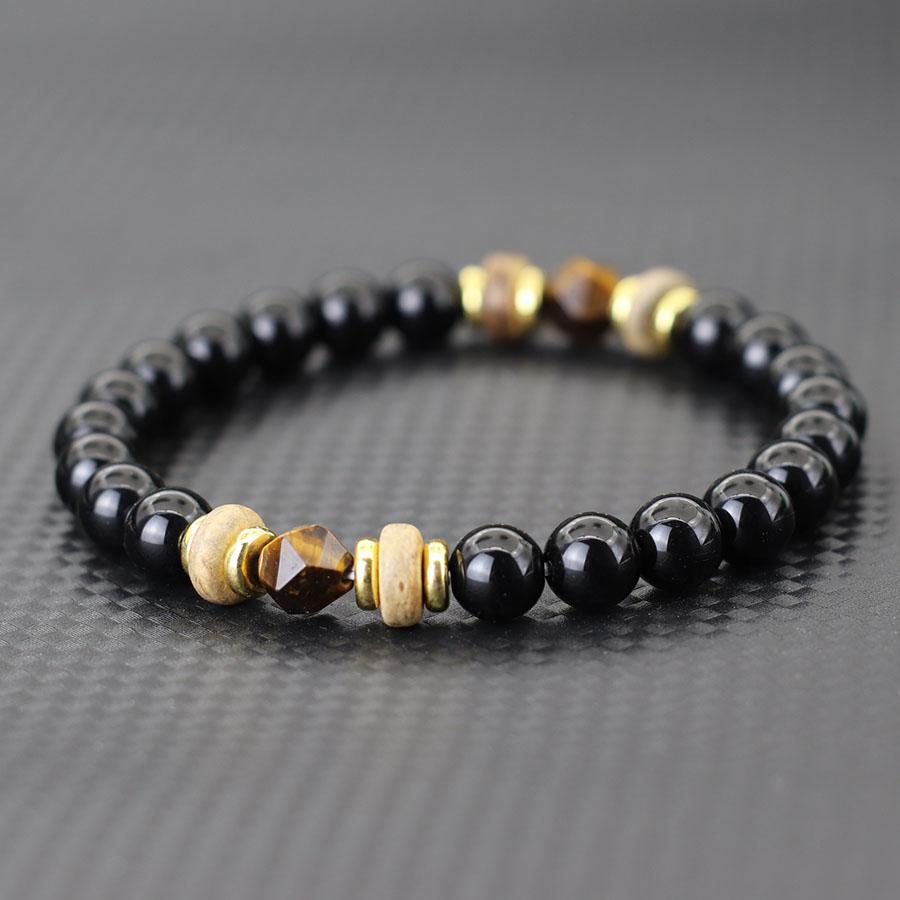 Новый браслет из натурального камня оникса и тигрового глаза для мужчин и женщин, латунные деревянные бусины, браслет-подвеска для пары, 8 мм, бисерный браслет, Pulsera