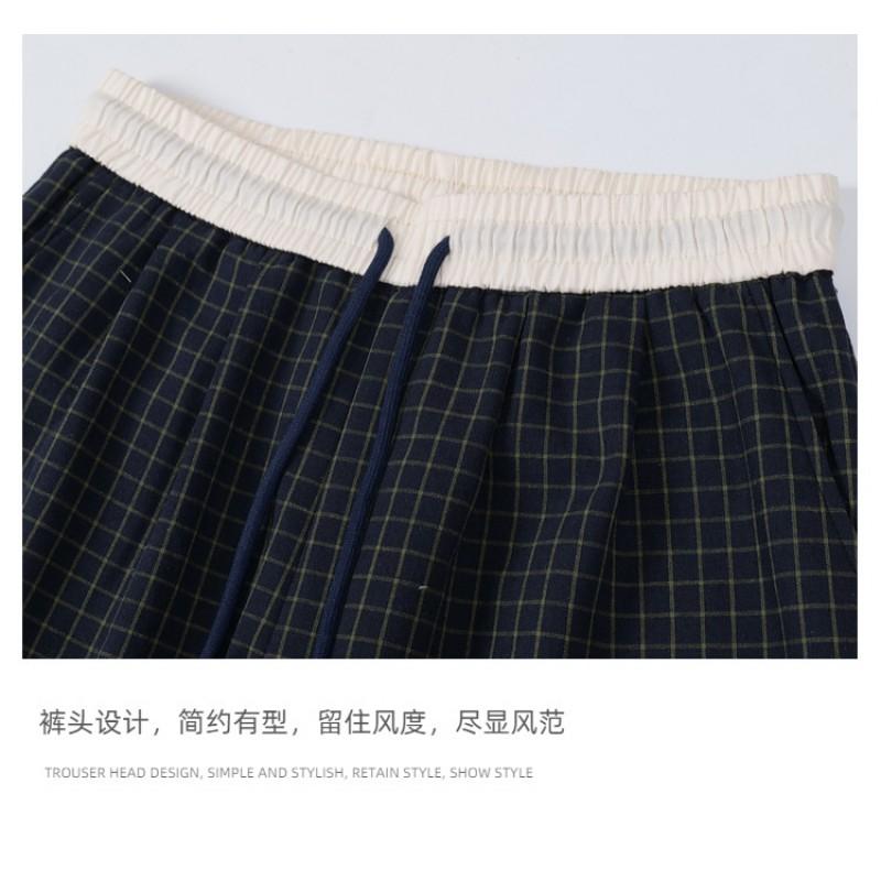 Unisex Navy Blue Plaid Cotton Loose Straight Leg Pants Lightweight Casual Trousers Teens Adults