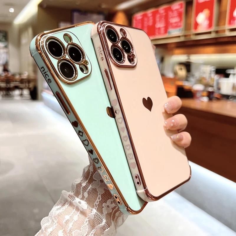 Soft Electroplated Love Heart Phone Case For iPhone 11 12 13 14 15 Pro Max XS X XR 7 8 Plus Mini SE 2020 Silicone Cases Cover