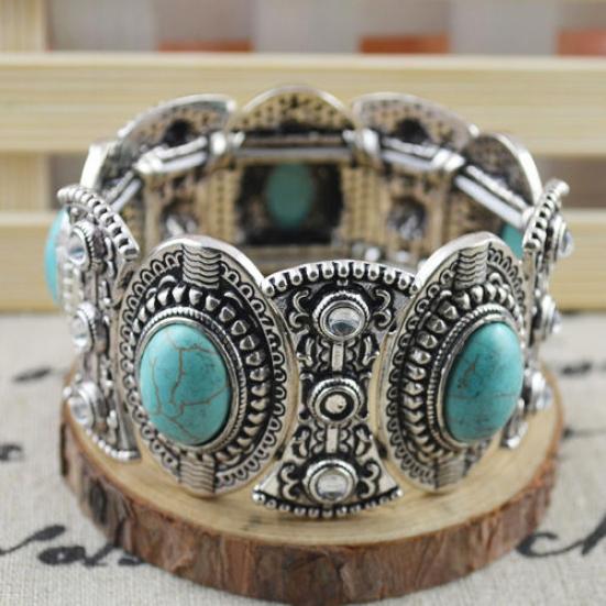 Retro Women's Gift Oval Turquoise Carved Tibetan Bangle Bracelet Boho Jewelry