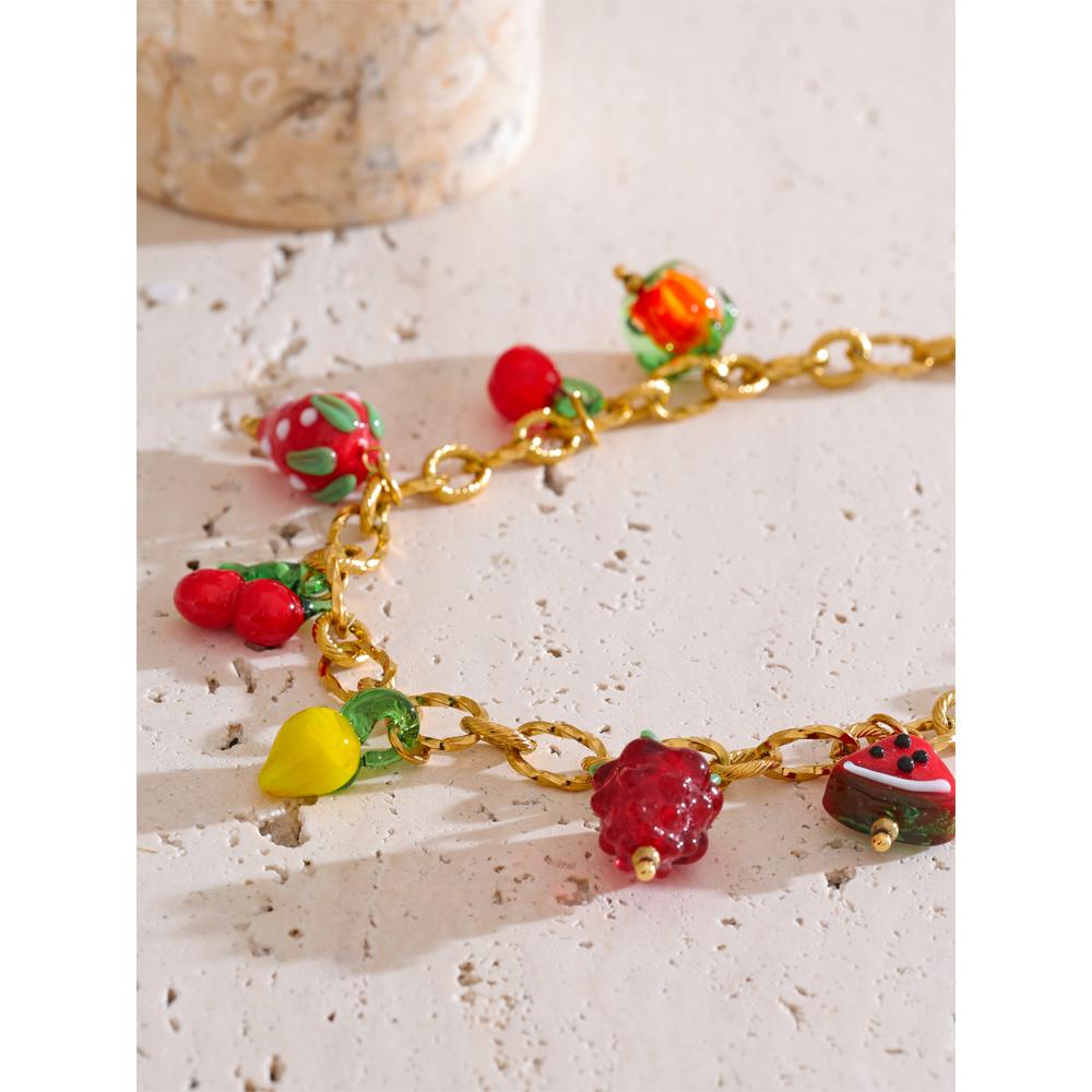 Yhpup Sweet Spring Summer Colored Glaze Fruit Charm Pendant Necklace Gold Color Stainless Steel Trendy Jewelry for Girls Ladies