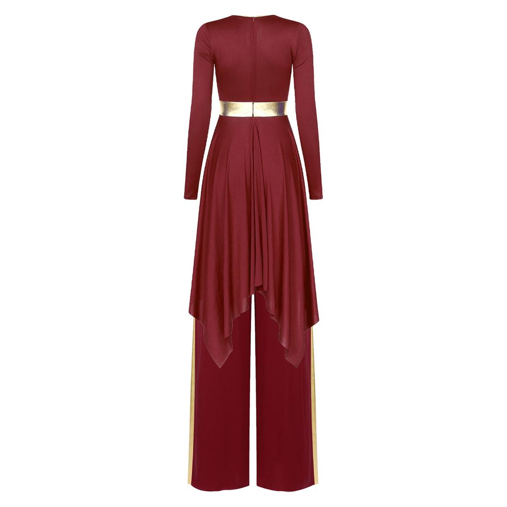 Womens Liturgical Dance Set Round Neck Long Sleeve Metallic Shiny Patchwork Irregular Dress Wide Leg Pants