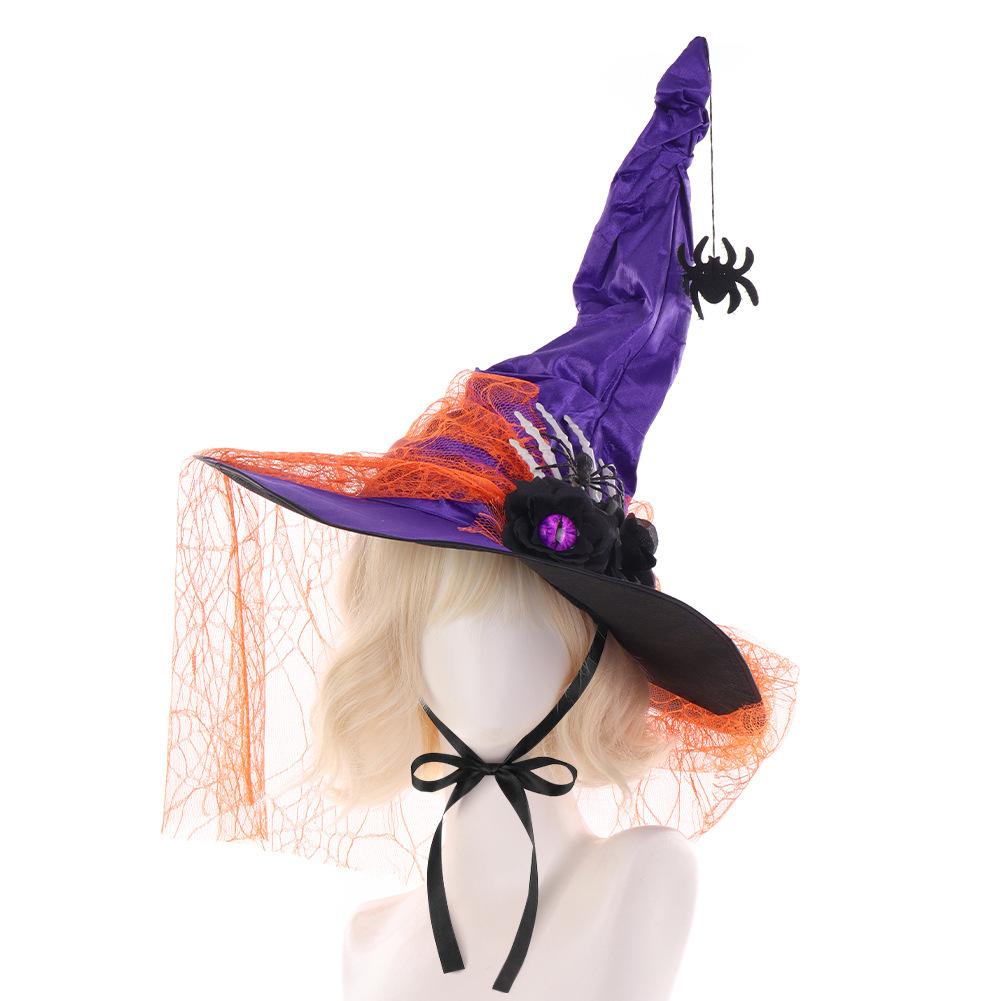 Halloween Crinkled Lace Witch Hat, Cosplay Wizard Hat for Party & Ball, Dark Bone Finger Decorations
