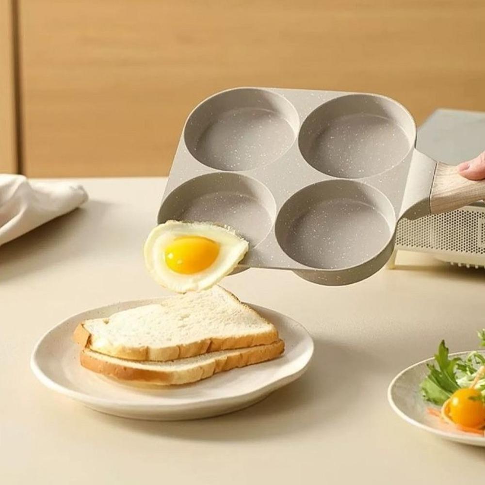 Сковорода для яиц с антипригарным покрытием, деревянная ручка, сковорода для омлета с четырьмя отверстиями, кастрюля для блинов и завтрака, кухонные принадлежности