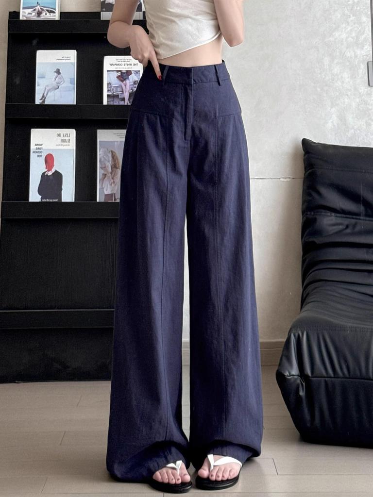 Navy Blue Textured Wide-Leg Petite Pants for Women 145cm - XS, Spring & Autumn Casual Workwear