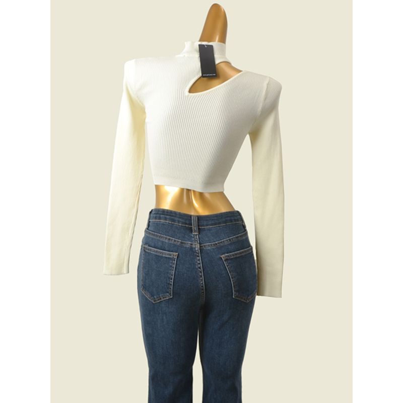 Fashion Retro Sexy Half Turtleneck Chest Oblique Cut Opening High Waist Short Long Sleeves Knitwear Foreign Trade Original Order Tops