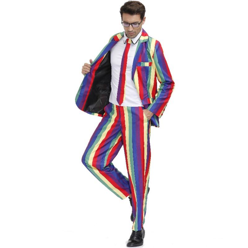 Мужской костюм в стиле ретро диско с полосками для праздничной вечеринки - Радужный, Мужской костюм на Хэллоуин