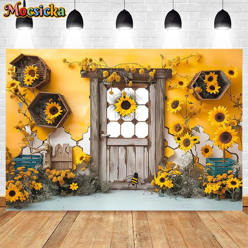 Mocsicka Photography Background Spring Sunflower Bee Kids Birthday Party Cake Smash Baby Shower Decoration Backdrop Photo Studio