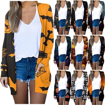 Женская мода свободный повседневный карман Хэллоуин принт длинный рукав кардиган куртка топы