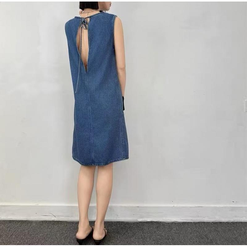 Women's Blue Patchwork Denim Boat Neck Summer Dress