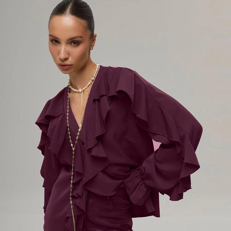 Chic Chiffon Ruffled Shirt Women Elegant Loose V-neck Long Sleeve Shirts Female 2025 Spring Vacation Street Lady Blouse Tops
