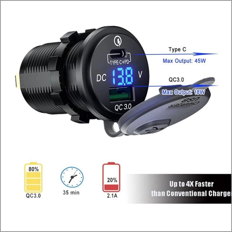 Тип C PD QC 3,0 Автомобильная USB-розетка Панель 12 В/24 В Автомобильное зарядное устройство Встроенная розетка для мотоцикла Лодка Грузовик