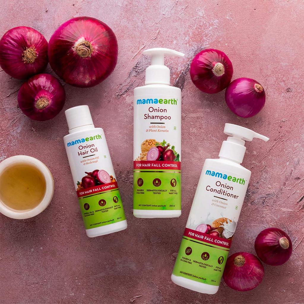 Специальное предложение!! Mamaearth Спа против выпадения волос: Луковый шампунь 250 мл + Луковый кондиционер 250 мл + Луковое масло для волос 150 мл