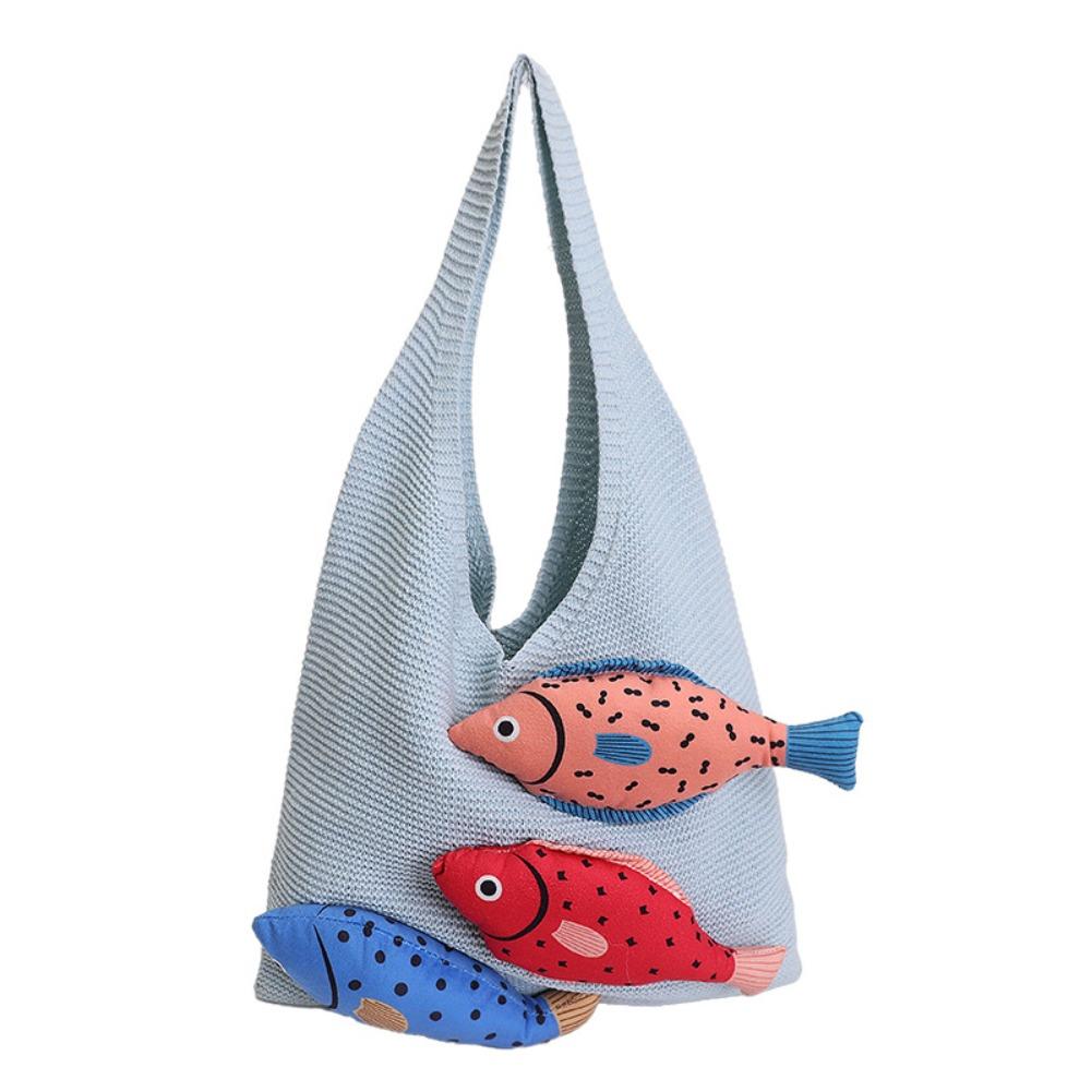 Crochet Weave Knitted Bag Cotton Beach Bag Trendy Fish Shoulder Bag Tote Bag