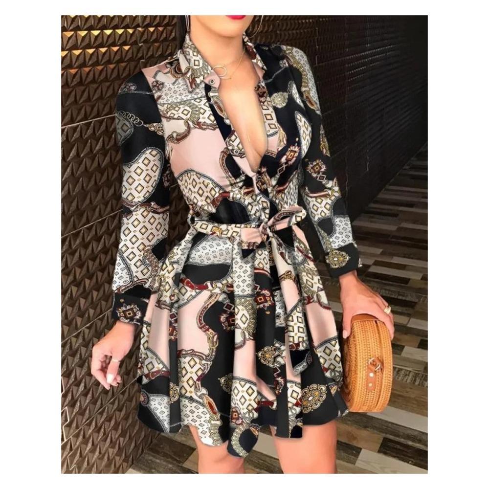Летнее новое женское платье с длинным рукавом и V-образным вырезом, модное сексуальное с принтом