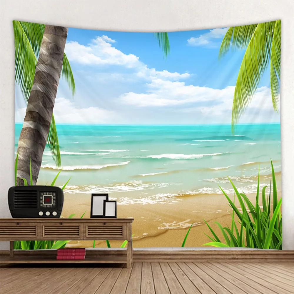 Bedroom Landscape Tapestry Sea View with Coconut Trees Home Mural Art Wall Decoration Aesthetic Garden Hanging Decor