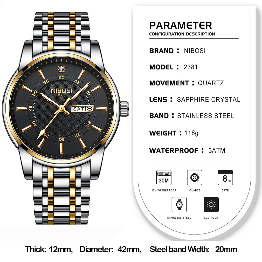 Часы NIBOSI Business Arm Watch, водонепроницаемые, аналоговые, стильные, с металлическим ремешком, классические, из нержавеющей стали, повседневные, с текущей датой, с днем недели, флуоресцентные