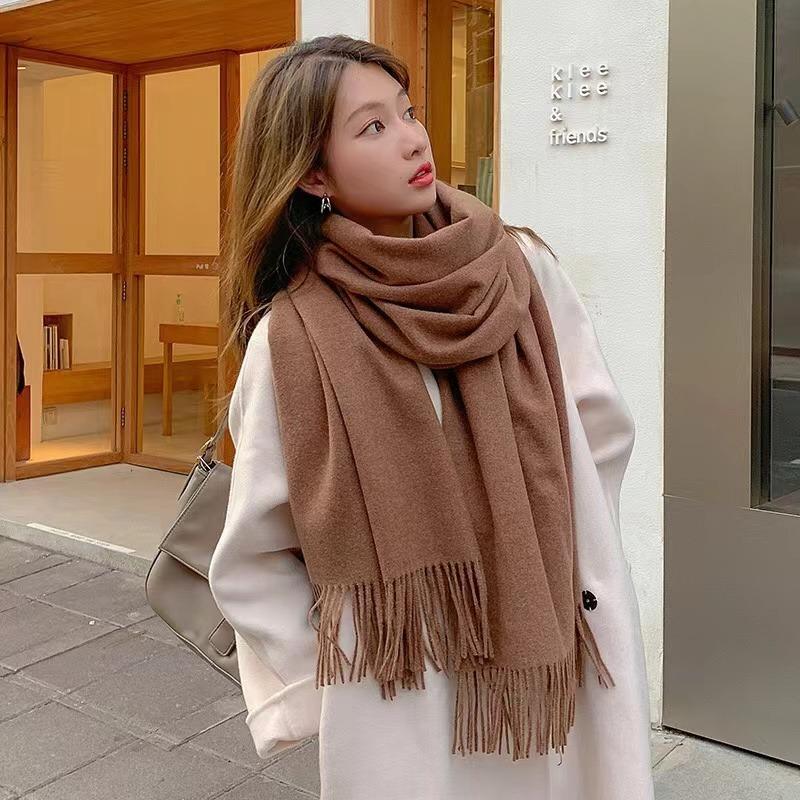 Winter Scarf Women Luxury Autumn Winter Cashmere Scarf Thickened Warm Shawl Classic Tassels Fluffy Scarf Solid Color Soft Shawl