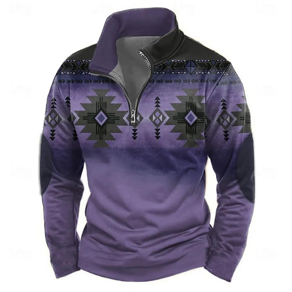 Мужские толстовки на молнии с 3D геометрическим узором, винтажные этнические, с длинным рукавом, пуловер с половинной молнией, модная уличная повседневная одежда для активного отдыха