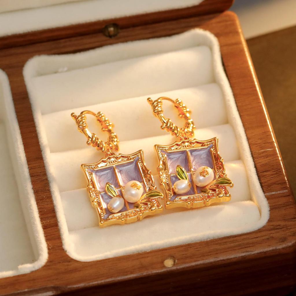 Оригинальные новые серьги с масляной эмалью в китайском стиле с жемчугом-клевером