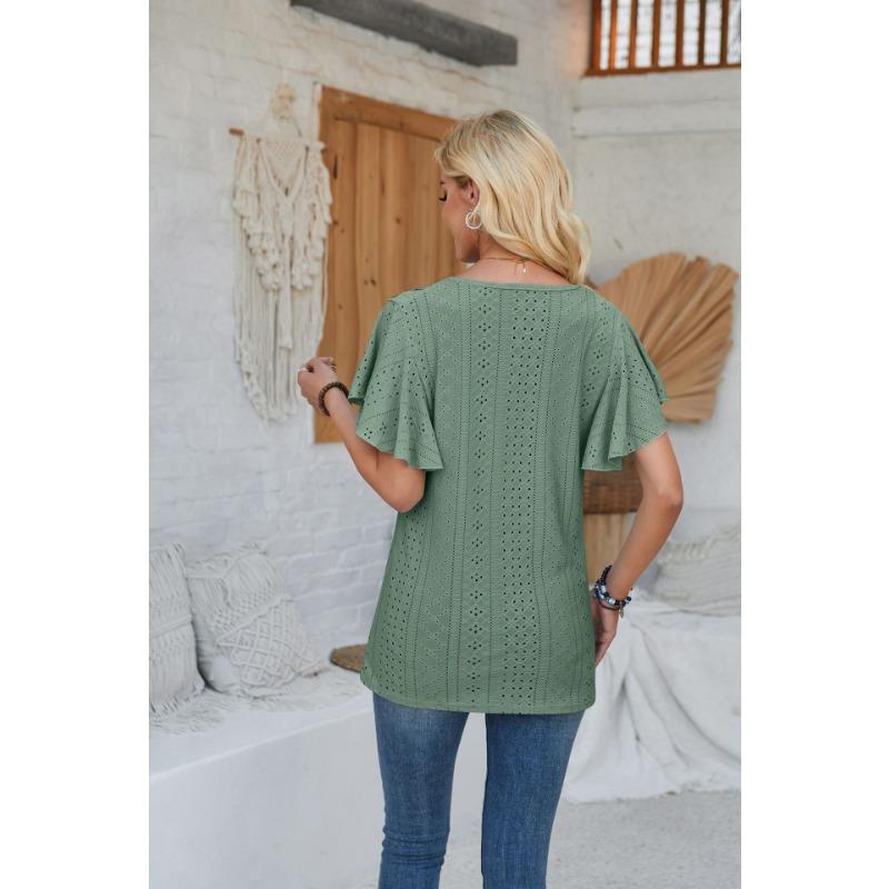 New Fashion Women's Lace V-neck Loose T-shirt Solid Color Ruffled Sleeves Spring Summer